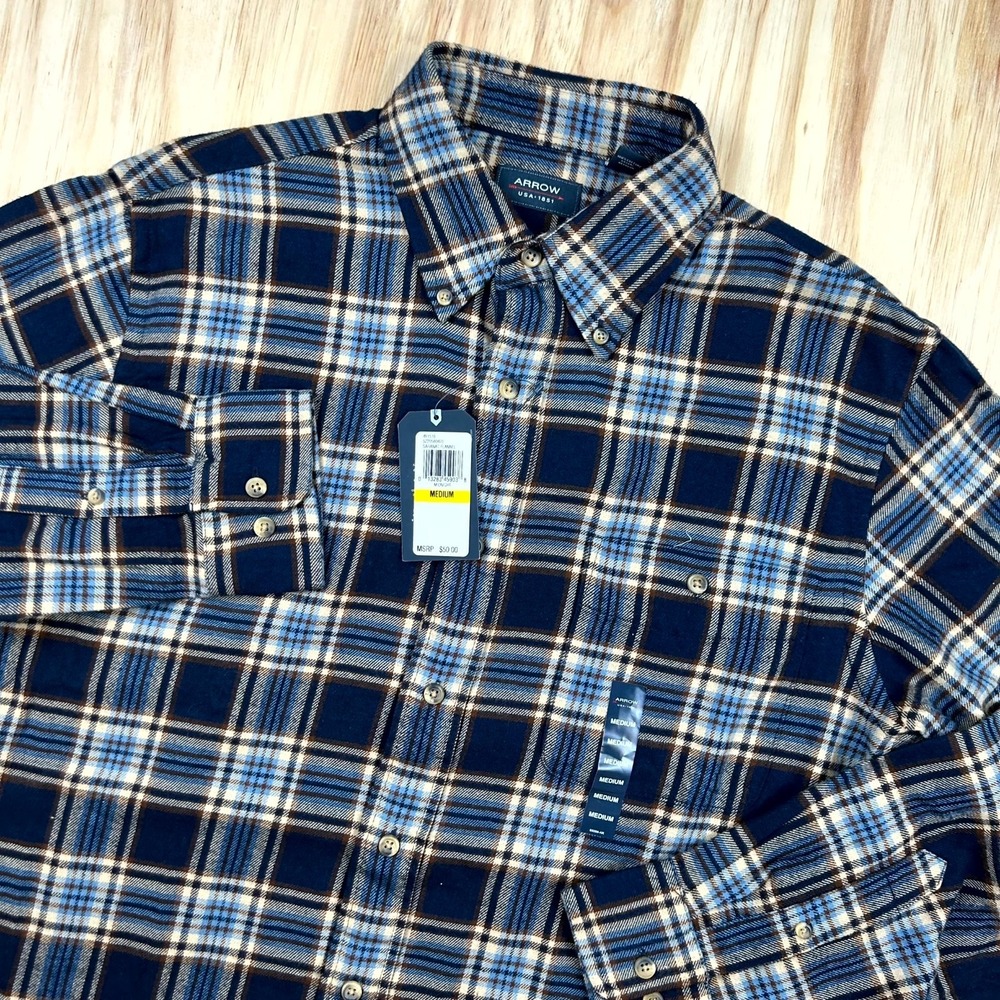 Arrow Saranac Flannel Shirt Men Medium Midnight Plaid Button-Down Lumberjack NWT